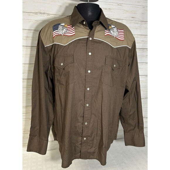 High Noon Western Shirt Pearl Snap Men's Sz 2XL Brown Embroidered Eagle USA Flag